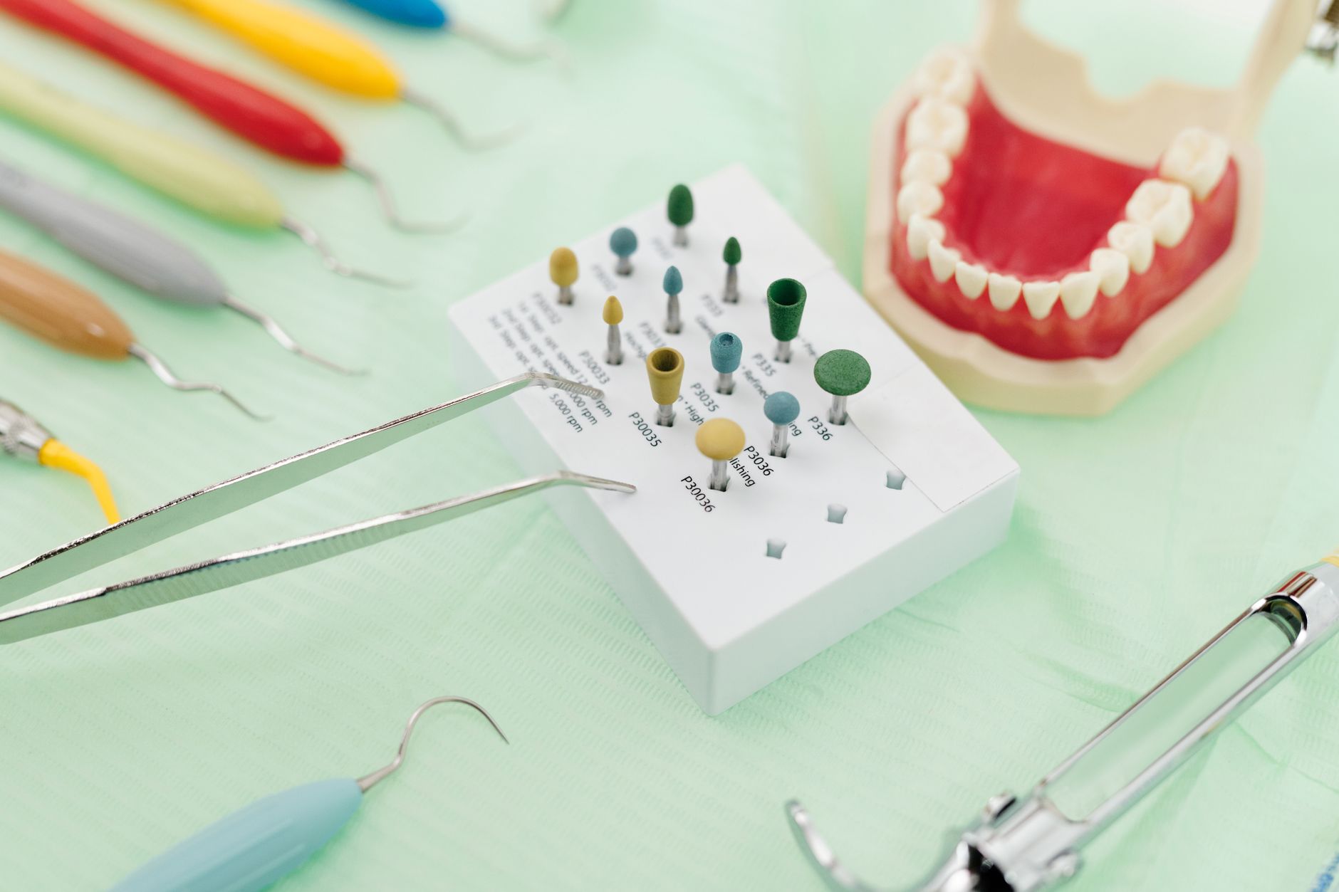Close-up of dental tools and a model tooth on a clinic tray